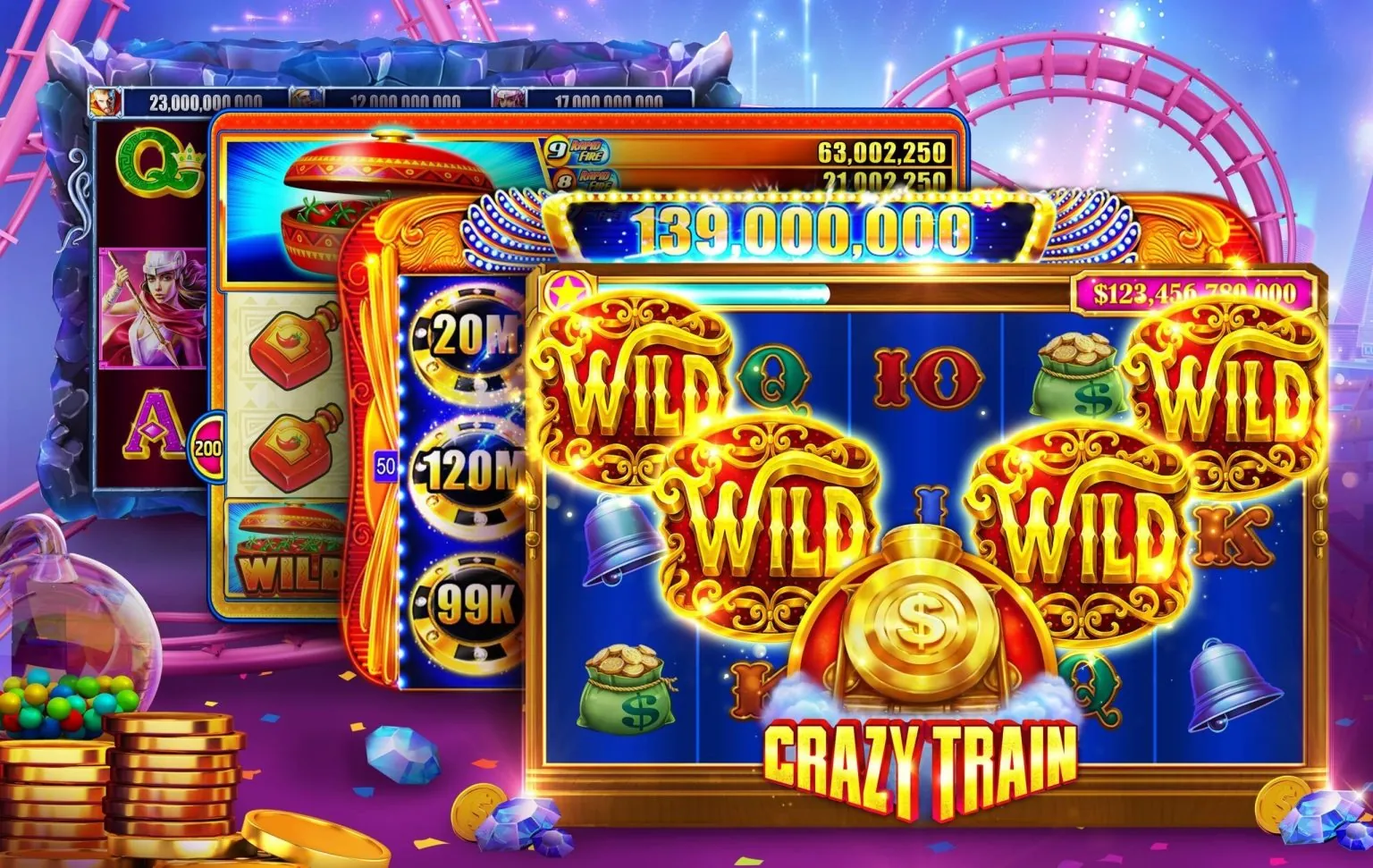 Màn hình trò chơi máy đánh bạc (slots) với đồ họa sống động và giải jackpot lớn